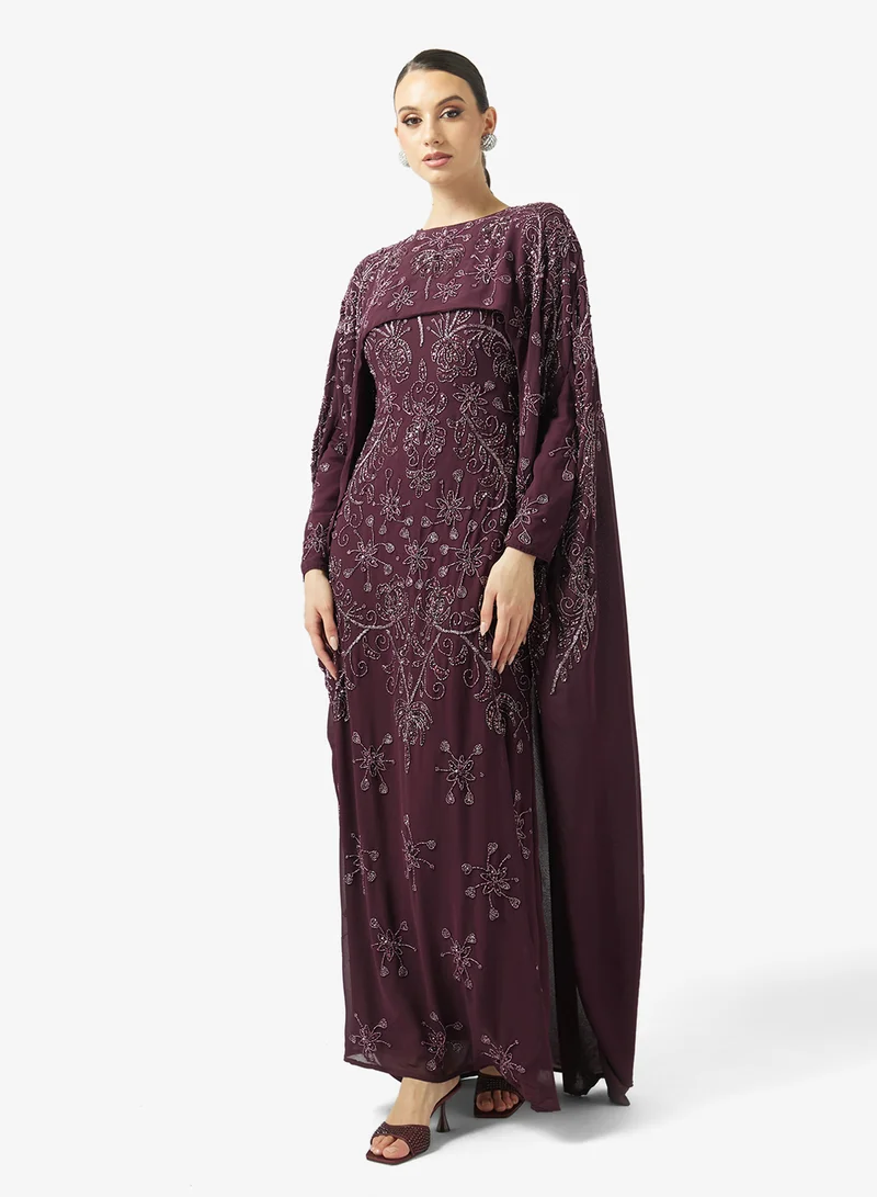 Embellished Cape Sleeve Sequin Maxi Dress