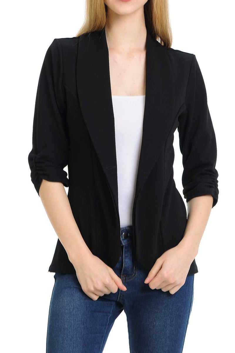 MINEFREE Women's 3/4 Ruched Sleeve Lightweight Work Office Blazer Jacket Black 3XL - Image 1