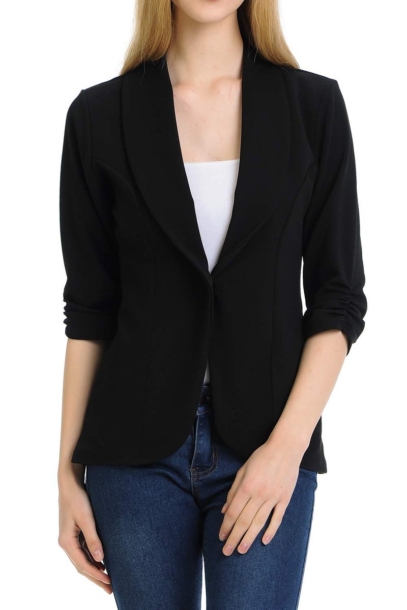 MINEFREE Women's 3/4 Ruched Sleeve Lightweight Work Office Blazer Jacket Black 3XL - Image 2
