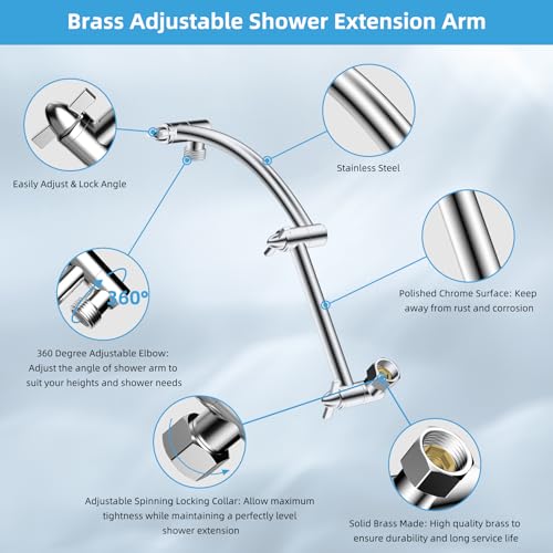 Hibbent All Metal Rain Shower Head, 12'' High Pressure Rainfall Square Showerhead with 16" Shower Head Extension Arm, Solid Brass Adjustable Shower Arm Extender, Waterfall fixed Showerheads, Chrome - Image 2