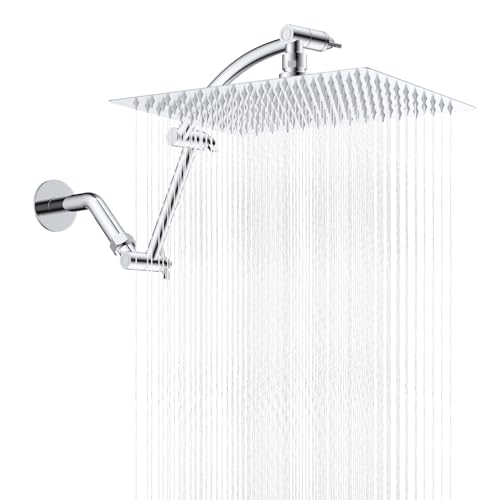 Hibbent All Metal Rain Shower Head, 12'' High Pressure Rainfall Square Showerhead with 16" Shower Head Extension Arm, Solid Brass Adjustable Shower Arm Extender, Waterfall fixed Showerheads, Chrome - Image 1