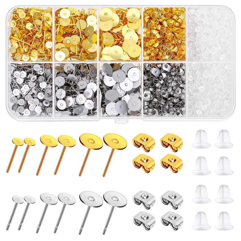 Caffox Hypoallergenic Earring Posts and Backs, Caffox 2000pcs Stud Earrings Making Kit with Ear Ring Base and Earring Backs for Leather Stud, Clay, Pearl Jewelry Making (Gold & Silver) - Image 1