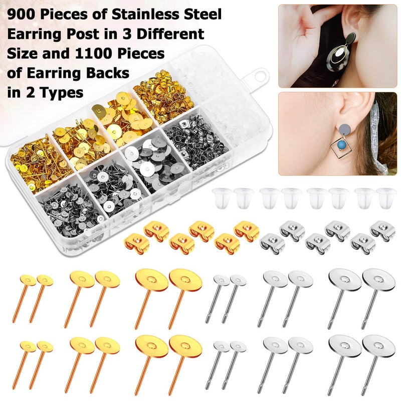 Caffox Hypoallergenic Earring Posts and Backs, Caffox 2000pcs Stud Earrings Making Kit with Ear Ring Base and Earring Backs for Leather Stud, Clay, Pearl Jewelry Making (Gold & Silver) - Image 4