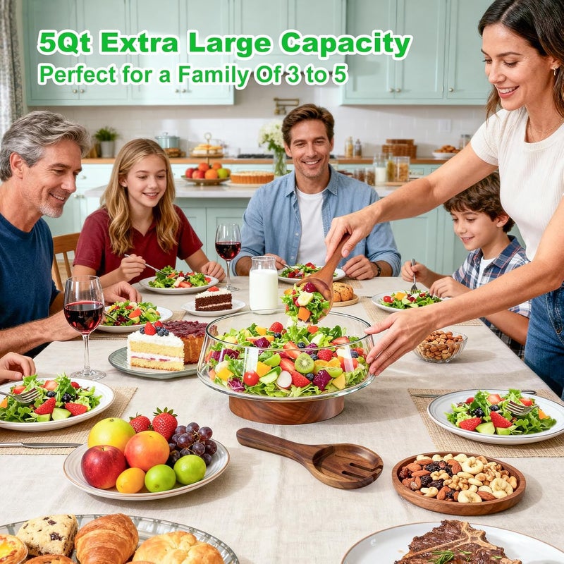 Airsent طقم وعاء سلطة زجاجي كبير جداً، 5-Qt (160 أونصة سائلة) وعاء خلط/تقديم مع قاعدة خشبية وأدوات تقديم سلطة، وعاء تريفل للمطبخ، الحفلات وعيد الميلاد - Image 2