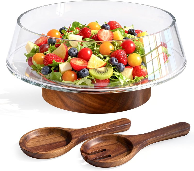 Airsent طقم وعاء سلطة زجاجي كبير جداً، 5-Qt (160 أونصة سائلة) وعاء خلط/تقديم مع قاعدة خشبية وأدوات تقديم سلطة، وعاء تريفل للمطبخ، الحفلات وعيد الميلاد - Image 1