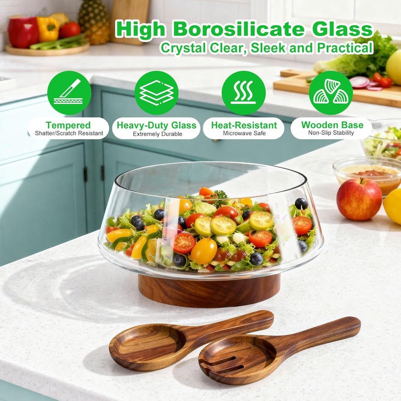 Airsent طقم وعاء سلطة زجاجي كبير جداً، 5-Qt (160 أونصة سائلة) وعاء خلط/تقديم مع قاعدة خشبية وأدوات تقديم سلطة، وعاء تريفل للمطبخ، الحفلات وعيد الميلاد - Image 3