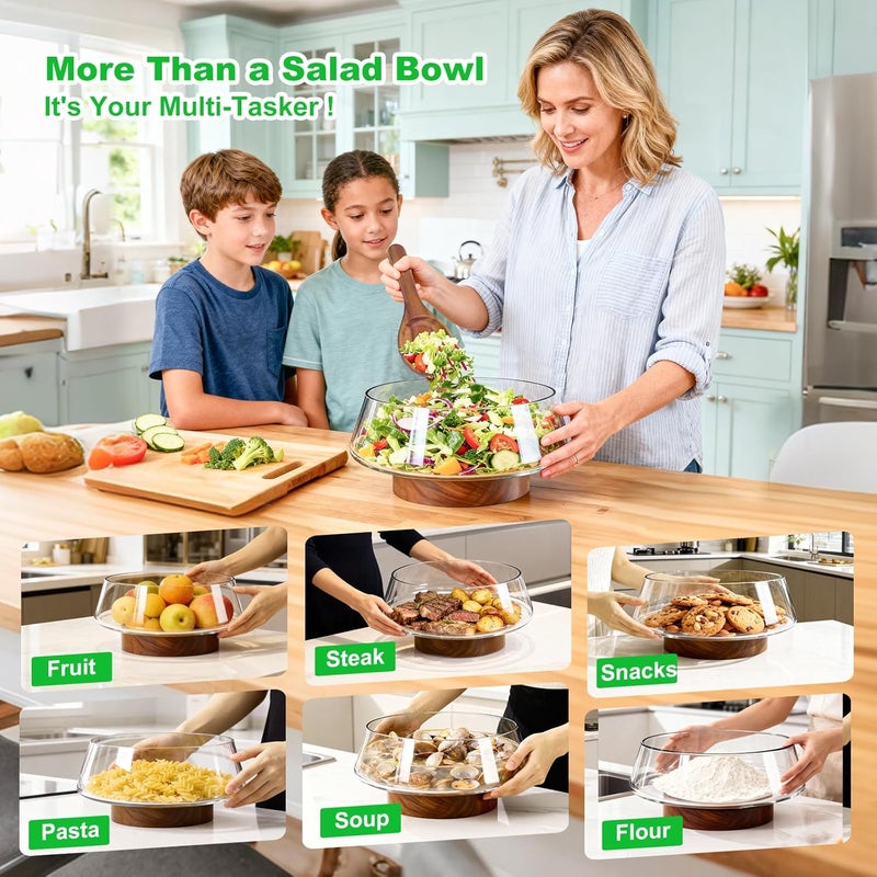 Airsent طقم وعاء سلطة زجاجي كبير جداً، 5-Qt (160 أونصة سائلة) وعاء خلط/تقديم مع قاعدة خشبية وأدوات تقديم سلطة، وعاء تريفل للمطبخ، الحفلات وعيد الميلاد - Image 5