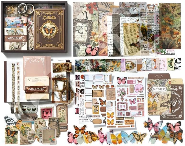 GDNK Scrape Book Kit Scrapbooking Kit Vintage Journal Scrapbook Pack DIY Paper Stickers, Craft Kits Notebook, Collage Album Aesthetic Sticker Journaling Scrapbook Photo Album (Brown Butterfly) - Image 5