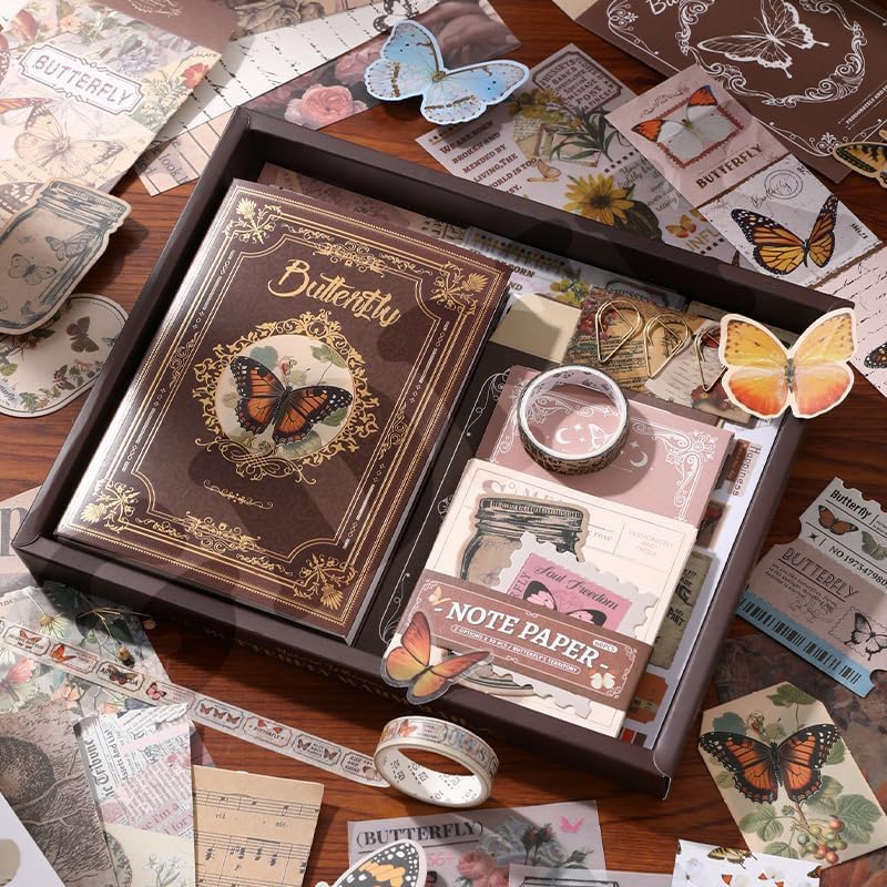 GDNK Scrape Book Kit Scrapbooking Kit Vintage Journal Scrapbook Pack DIY Paper Stickers, Craft Kits Notebook, Collage Album Aesthetic Sticker Journaling Scrapbook Photo Album (Brown Butterfly) - Image 1