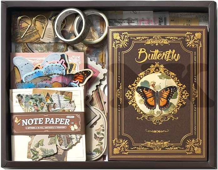 GDNK Scrape Book Kit Scrapbooking Kit Vintage Journal Scrapbook Pack DIY Paper Stickers, Craft Kits Notebook, Collage Album Aesthetic Sticker Journaling Scrapbook Photo Album (Brown Butterfly) - Image 3
