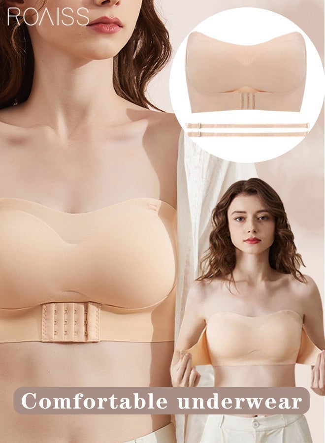 roaiss Women's Strapless Bralette Tube Top Bras Ladies Lightweight Gathered Seamless Low-cut Backless for Wedding Dress Air Invisible Bra Sweet Comfort Underwear Soft Push Up Lingerie