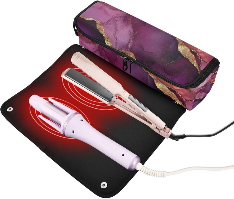 Hot Hair Tools Travel Bag and Heat Resistant Mat Carrying Case Flat Curling Iron Waterproof Organizer for Hot Tools Curling Iron Flat Irons Hair Volumizer Styler, Marble Purple Burgundy - Image 2