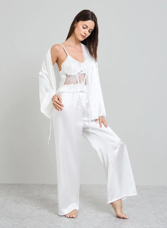 تايك تو White Pack Of 3 - Satin Lace Cami, Robe And Pyjama Set