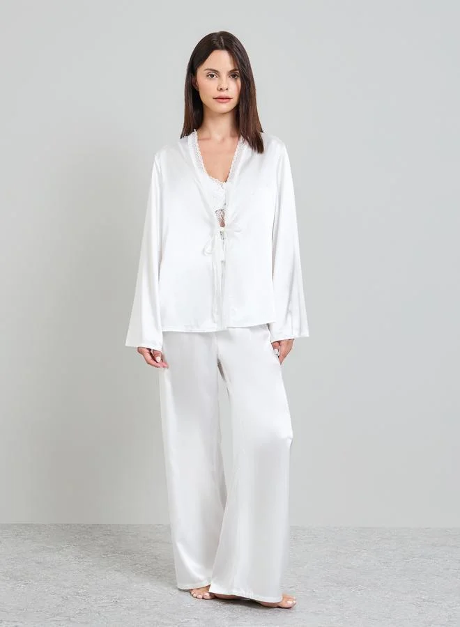 تايك تو White Pack Of 3 - Satin Lace Cami, Robe And Pyjama Set
