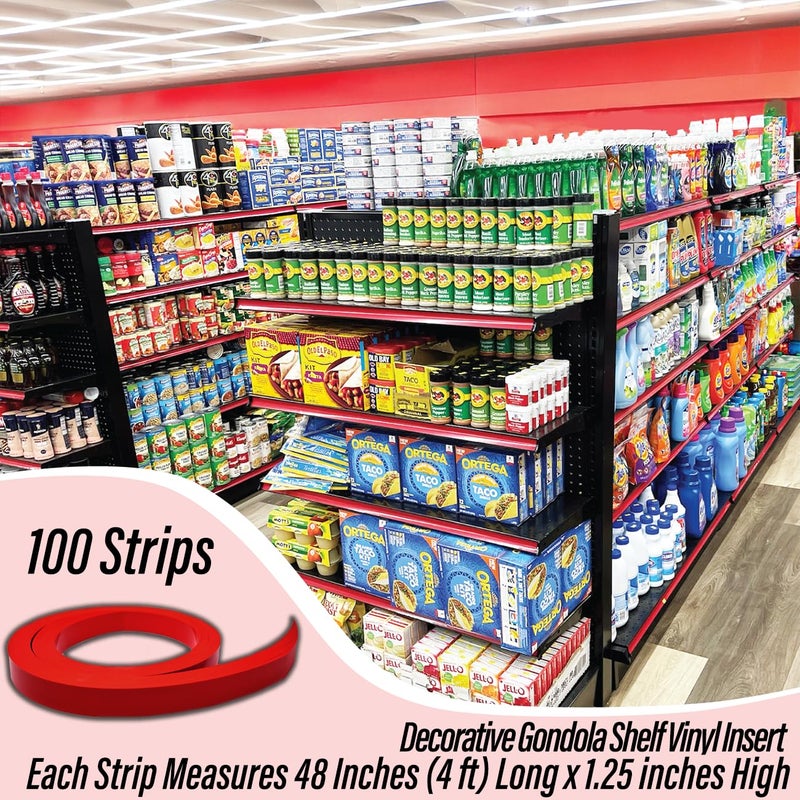 STORE FIXTURES DIRECT Decorative Gondola Shelving Pre Cut Vinyl Insert Strips 48" x 1.25" Shelf C-Channel, Red, 100 Pack - Image 5