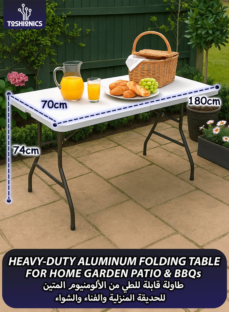 توشيونيكس طاولة قابلة للطي متينة بطول ١٨٠ سم - طاولة ألومنيوم محمولة متعددة الأغراض للنزهات والتخييم بطول ٦ أقدام، مناسبة للحدائق الخارجية والفناء والشواء والاستخدام المنزلي | سطح بلاستيكي مقاوم للماء والخدش | تصميم مدمج قابل للطي مع مقبض حمل | إطار مقاوم للصدأ، وأقدام مانعة للانزلاق، وآلية أمان بقفل الجاذبية | خفيفة الوزن ومتينة، سعة تحميل ١٥٠ كجم، مثالية لتناول الطعام والمناسبات والحفلات وخدمات الطعام | أرجل متينة مطلية بمسحوق مقاوم للتآكل | طاولة قابلة للطي موفرة للمساحة للأنشطة الداخلية والخارجية - Image 1