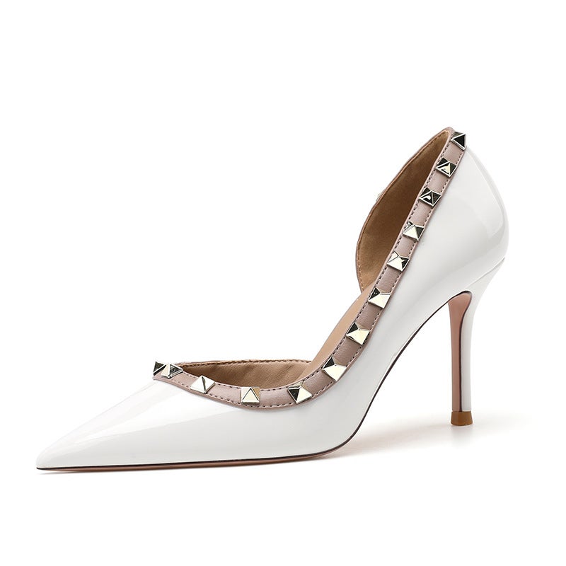 2026 Spring/ Patent Leather Studded Pumps With Side Cutouts, Stiletto Heels, Elegant Nude High Heels, Unique And Distinctive Design - Image 5