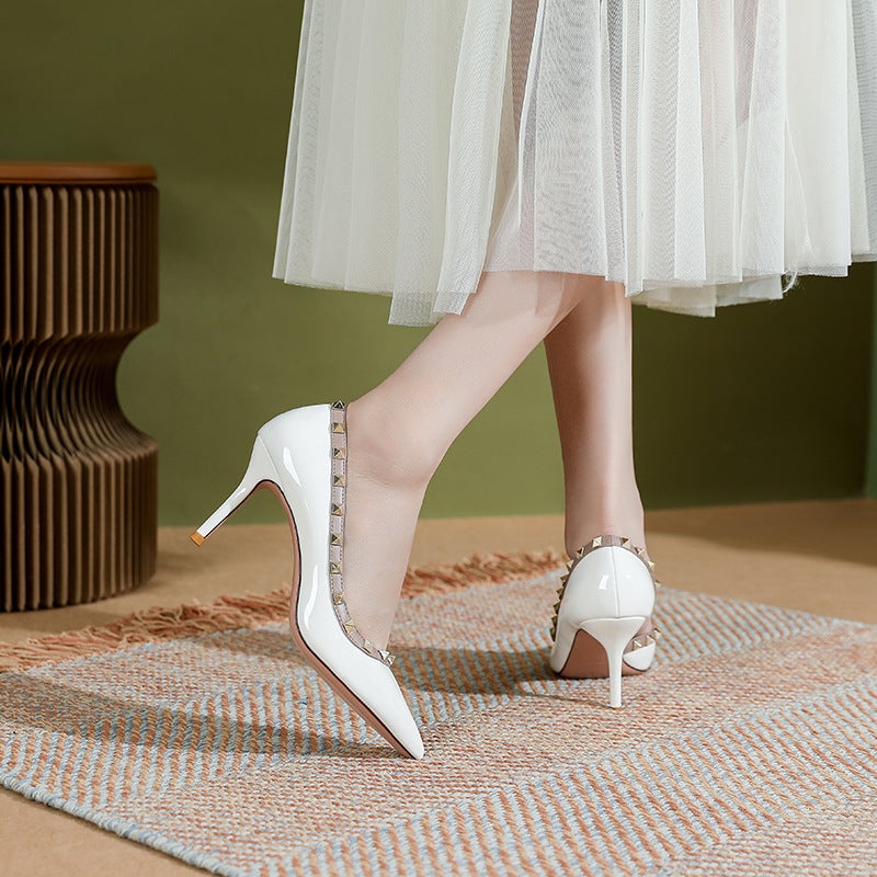2026 Spring/ Patent Leather Studded Pumps With Side Cutouts, Stiletto Heels, Elegant Nude High Heels, Unique And Distinctive Design - Image 3