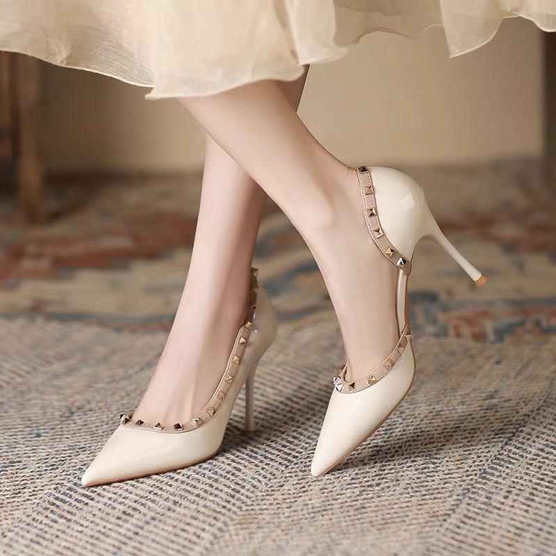 2026 Spring/ Patent Leather Studded Pumps With Side Cutouts, Stiletto Heels, Elegant Nude High Heels, Unique And Distinctive Design - Image 4