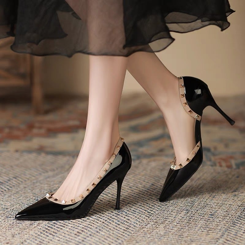 2026 Spring/ Patent Leather Studded Pumps With Side Cutouts, Stiletto Heels, Elegant Nude High Heels, Unique And Distinctive Design - Image 2