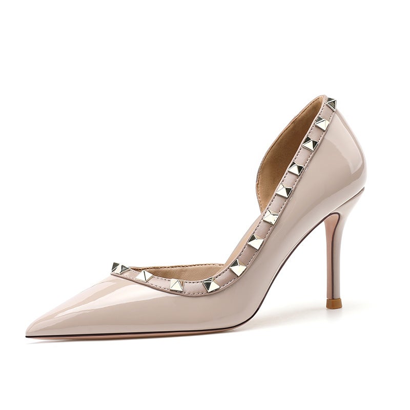 2026 Spring/ Patent Leather Studded Pumps With Side Cutouts, Stiletto Heels, Elegant Nude High Heels, Unique And Distinctive Design - Image 1