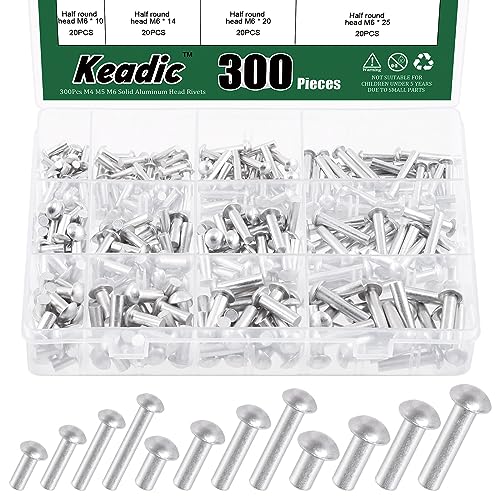 Keadic 300Pcs 12 Sizes Solid Aluminum Brazier Head Rivets Assortment Set, M4 M5 M6 10mm 14mm 20mm 25mm Length Aluminum Rivets Fastener for Household Machinery Automobile Industry - Image 1