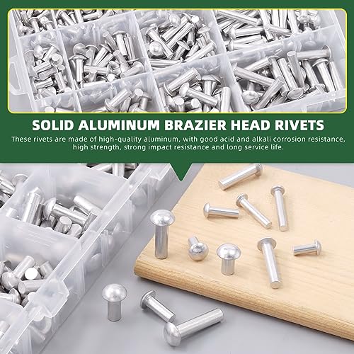 Keadic 300Pcs 12 Sizes Solid Aluminum Brazier Head Rivets Assortment Set, M4 M5 M6 10mm 14mm 20mm 25mm Length Aluminum Rivets Fastener for Household Machinery Automobile Industry - Image 3