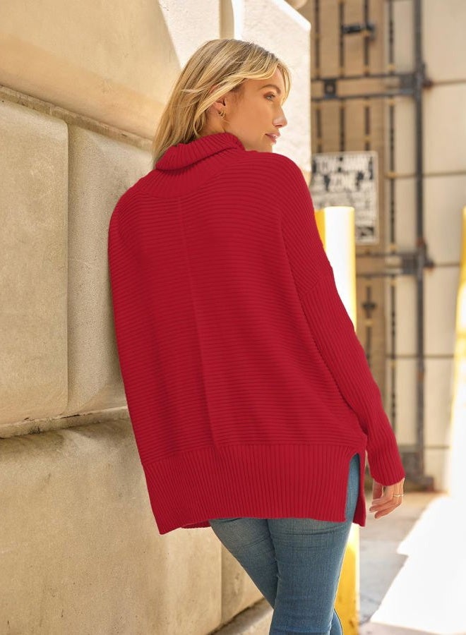 LILLUSORY Womens Turtleneck Oversized Tunic Fall Sweaters 2024 Trendy Casual Long Pullover Knit Winter Casual Cute Poncho Fashion Trendy Clothes Outfits Clothing Tops Red - Image 5