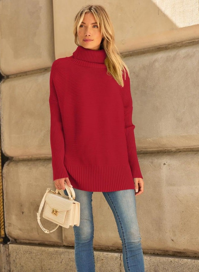 LILLUSORY Womens Turtleneck Oversized Tunic Fall Sweaters 2024 Trendy Casual Long Pullover Knit Winter Casual Cute Poncho Fashion Trendy Clothes Outfits Clothing Tops Red - Image 2