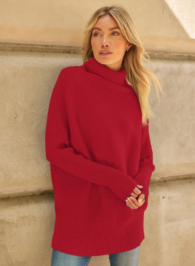 LILLUSORY Womens Turtleneck Oversized Tunic Fall Sweaters 2024 Trendy Casual Long Pullover Knit Winter Casual Cute Poncho Fashion Trendy Clothes Outfits Clothing Tops Red - Image 4