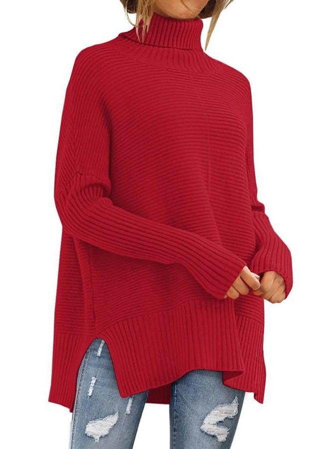 LILLUSORY Womens Turtleneck Oversized Tunic Fall Sweaters 2024 Trendy Casual Long Pullover Knit Winter Casual Cute Poncho Fashion Trendy Clothes Outfits Clothing Tops Red - Image 1