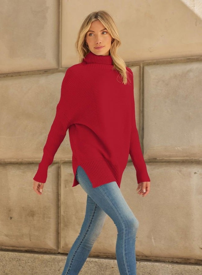 LILLUSORY Womens Turtleneck Oversized Tunic Fall Sweaters 2024 Trendy Casual Long Pullover Knit Winter Casual Cute Poncho Fashion Trendy Clothes Outfits Clothing Tops Red - Image 3