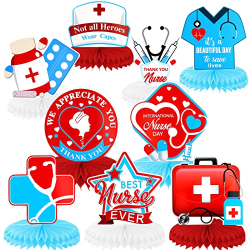 HOWAF 9pcs Nurse Day Party Decorations Honeycomb Centerpieces Thank You Nurses Table Centerpieces Nurse Appreciation Week Table Topper for Happy International Day Party Decorations Supplies - Image 1