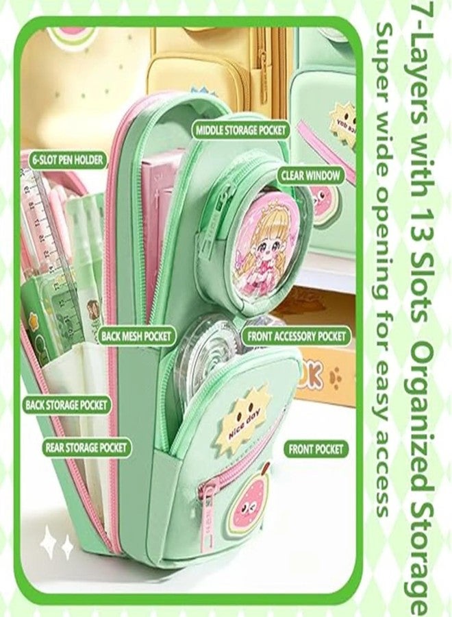 Ranjkri Cute Kids Pencil Pouch for Girls & Boys Large Capacity Multi Pocket Pencil Case Organizer with Zipper 3D Cartoon Design Waterproof School Stationery Holder Box for School Tuition (Green) - Image 2