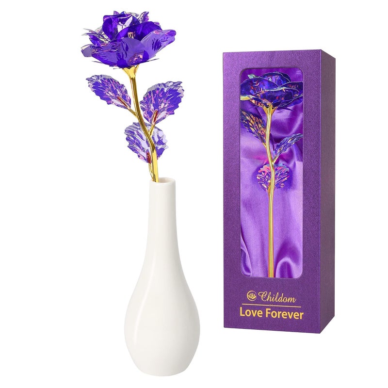 Childom Birthday Gifts for WomenChristmas Rose Gifts For Women Her MumPurple Rose Flower With VaseValentines PresentPurple Flowers for Grandma Wife Girl Anniversary Christmas Wedding Engagement