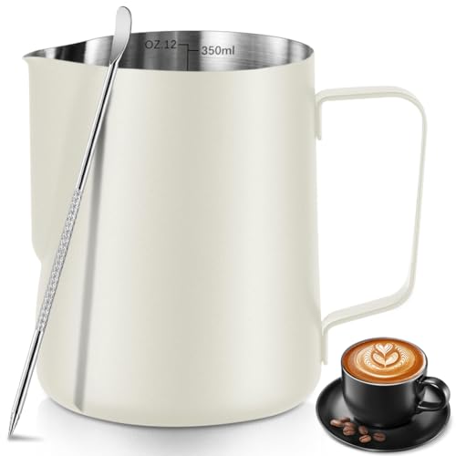 NewGF Frothing Milk Pitcher 12 oz350 ml Stainless Steel Frothing Milk Jug with Latte Art Penwith Internal Measurements for Cappuccino Espresso and Morewhite - Image 1