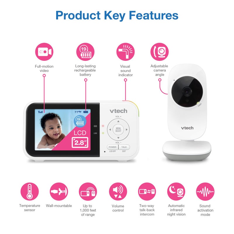 VTech VM819 Baby Monitor with Camera and Audio, 2.8â€ Screen Portable Baby Camera, Night Vision, 2-Way Audio, Temperature Sensor and Lullabies, Secure Transmission No WiFi, Ideal for Baby/Elderly/Pet - Image 2