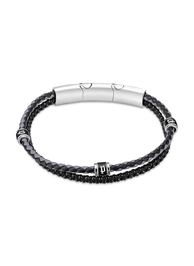 بوليس POLICE Twinrow Bracelet - Double Row Black Leather & Cord with Stainless Steel P Logo - Bold & Iconic Men's Style