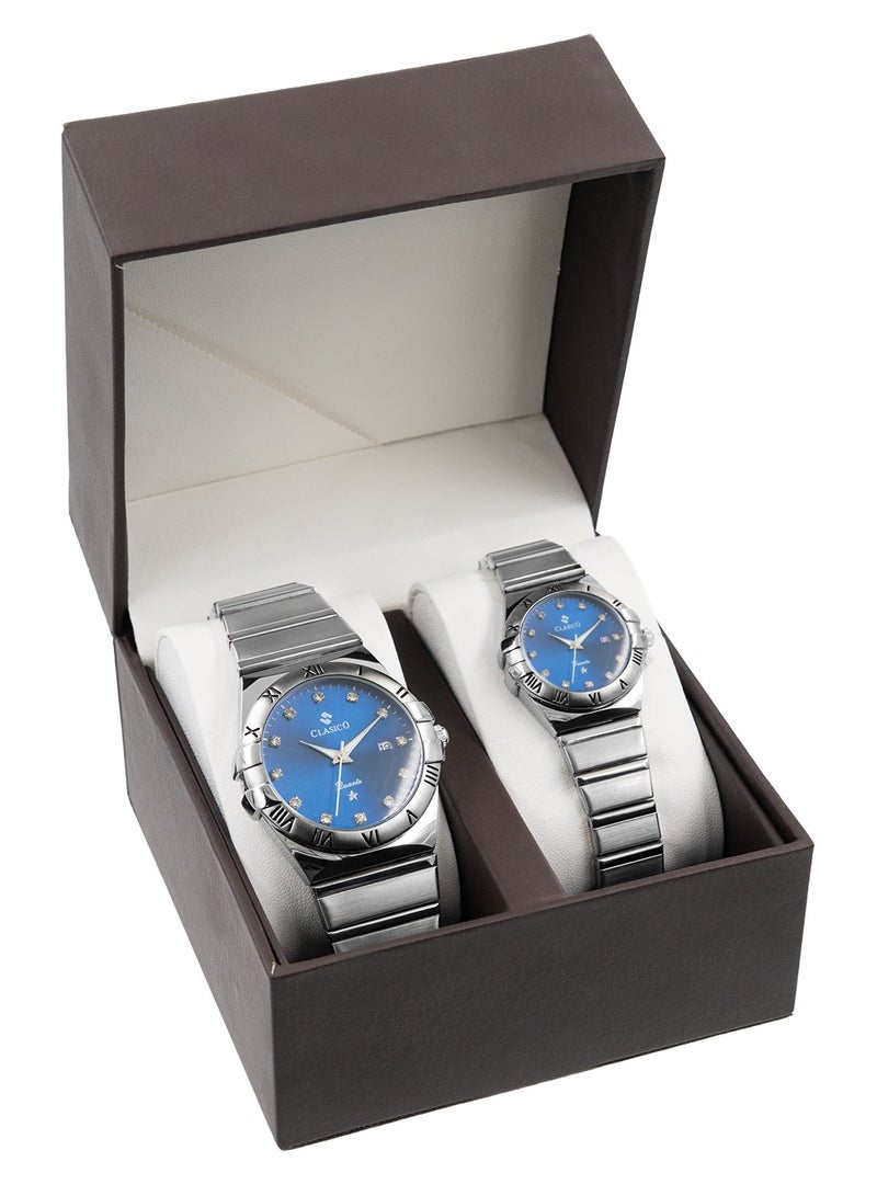 Clasico Twin-Face Couple Edition – Blue Radiance with Blue Dial – 6-Hands Chronograph Watch with Steel Strap – Waterproof Design – Watch Gift Set 40mm & 36mm  - Image 3