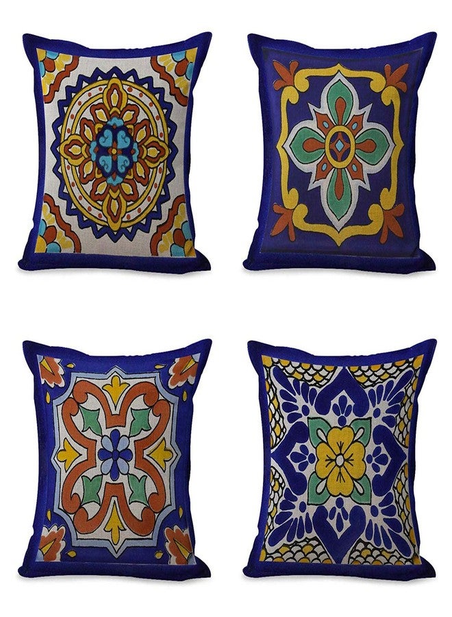 Semtomn Set of 4 Linen Throw Pillow Covers Spanish Talavera Exotic Geometry Dark Retro Ethnic Home Decorative 18"x18" Flax Pillow Cases Cushion Square Pillowcases - Image 1