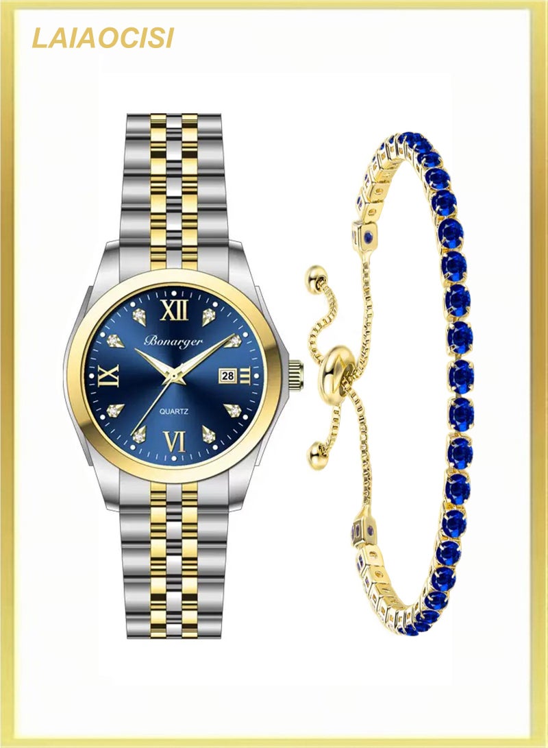 LAIAOCISI Women's Water Resistant Quartz Analog Watch with Bracelet Gold - Blue  - Image 1