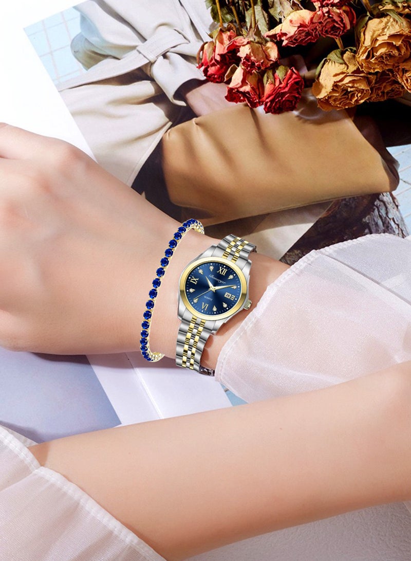 LAIAOCISI Women's Water Resistant Quartz Analog Watch with Bracelet Gold - Blue  - Image 2
