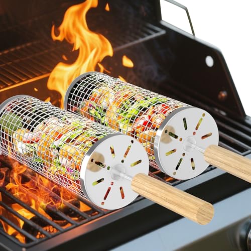 BCHWAY Rolling Grill Basket Removable Wooden Handle 304 Stainless Steel Nesting Grilling Net BBQ Accessories Tool for Vegetable Shrimp Outdoor Cooking Camping Christmas Birthday Gifts for Men Dad Husband - Image 1