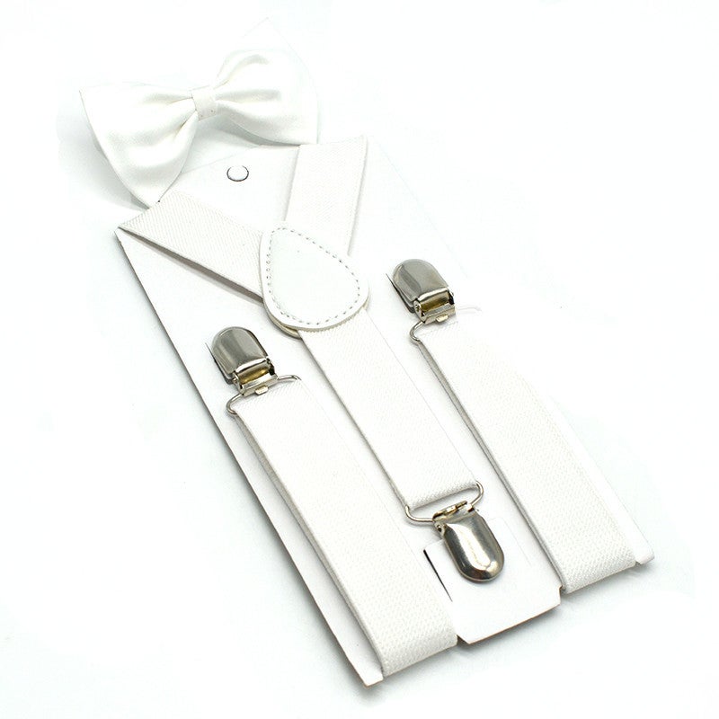 Kids Unisex Solid Y-Back Suspenders Bowtie Set White 