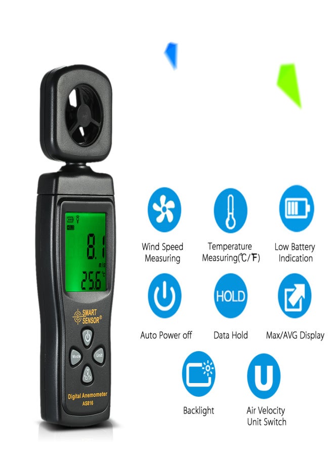 SMART SENSOR Mini Anemometer LCD Digital Wind Speed Meter Air Velocity Temperature Measuring with Backlight - Image 3