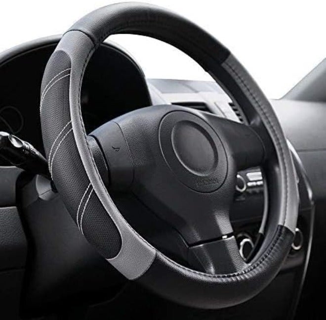 Elantrip Leather Large Steering Wheel Cover 15 1/2 to 16 inch Soft Grip Breathable for Car Truck SUV Jeep Anti Slip Black and  Gray - Image 4