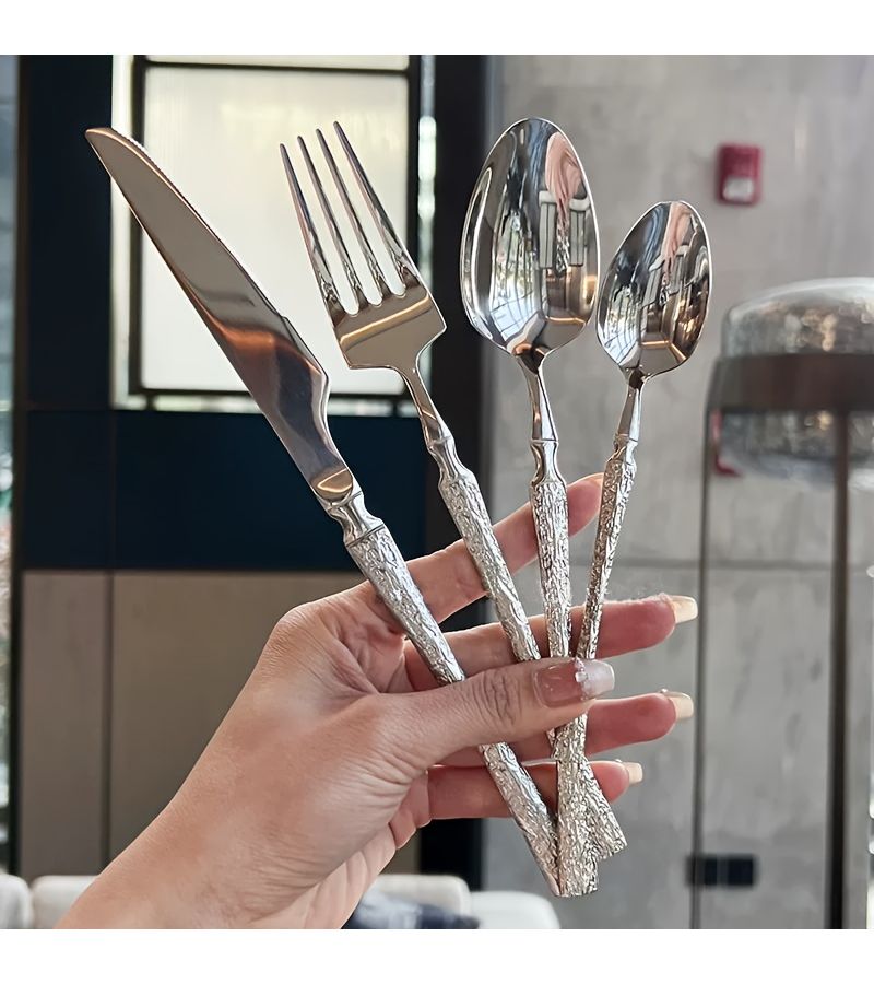 4 Pcs Essential Stainless Steel Flatware Set Home Kitchen Vertical Stripe Handle Design Knife Fork Spoon for Wedding Hotel Restaurant - Image 1
