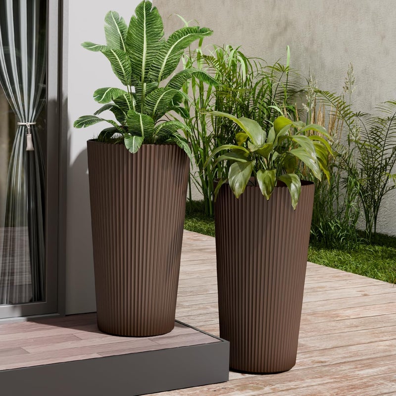 Trygoal 23.6" Tall Planters for Outdoor Plants,Large Outdoor Planters for Front Porch Decor with Drainage Hole, Flower Pots Fits Indoor Plants Patio/Garden, Plastic Striped Brown(2 Pack) - Image 1