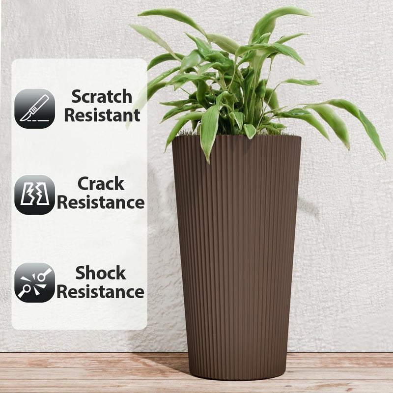 Trygoal 23.6" Tall Planters for Outdoor Plants,Large Outdoor Planters for Front Porch Decor with Drainage Hole, Flower Pots Fits Indoor Plants Patio/Garden, Plastic Striped Brown(2 Pack) - Image 4