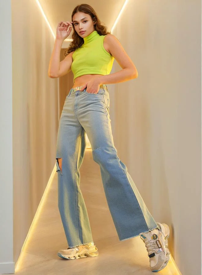 Freehand Blue Blue Mid-Rise Ripped Flared Jeans for Women | Best Price UAE